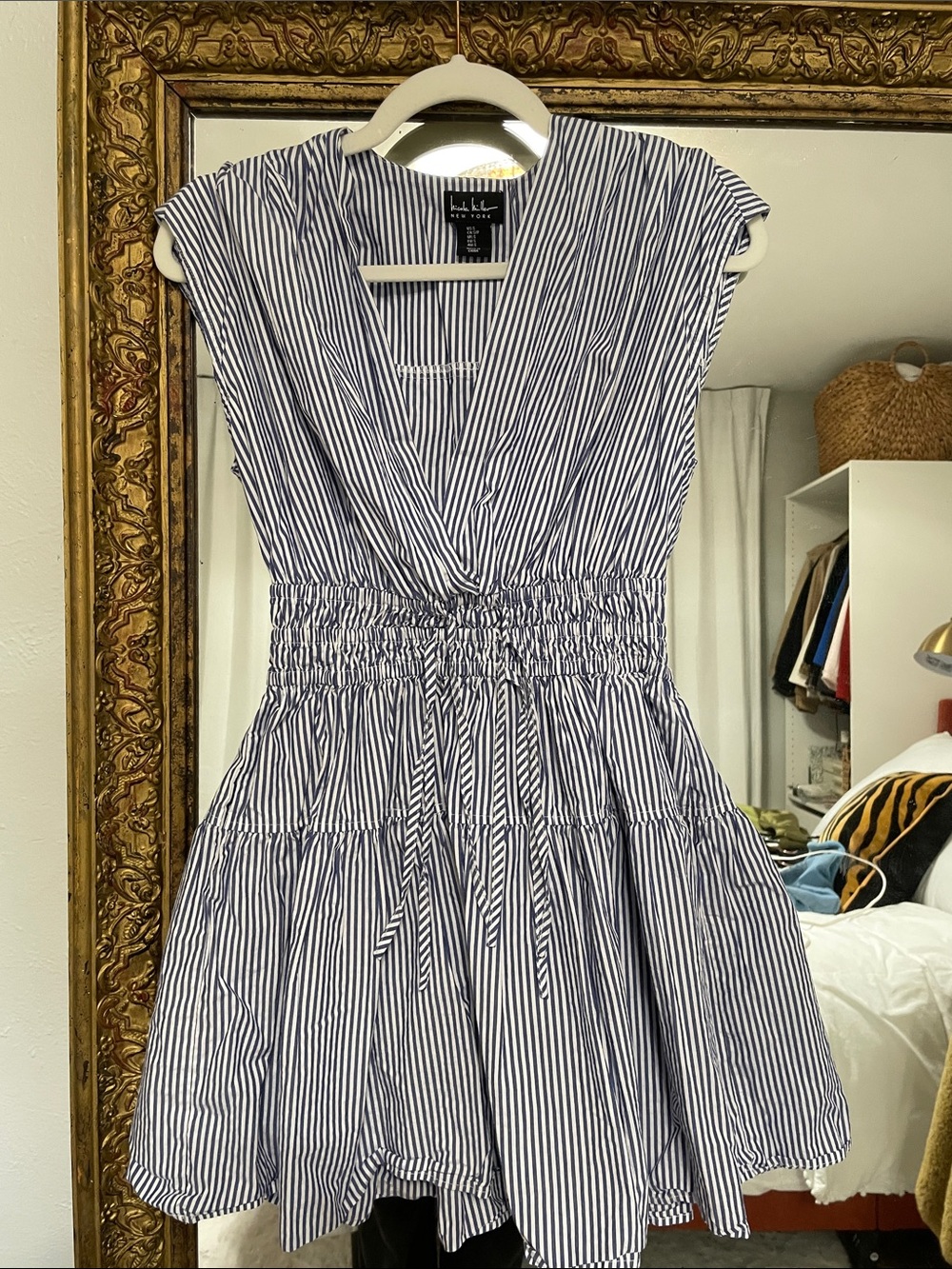 Nicole Miller Navy and White Striped Surplice Mini Dress